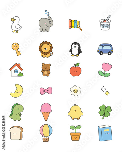 Cute Character Icon Set Animals Food and Objects