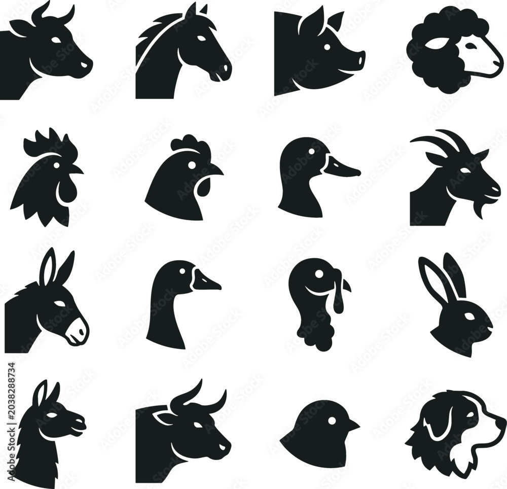 Fototapeta premium Farm Animals and Poultry Head Silhouette Icon Set with Cow Horse Pig Chicken Goat and Dog Vector