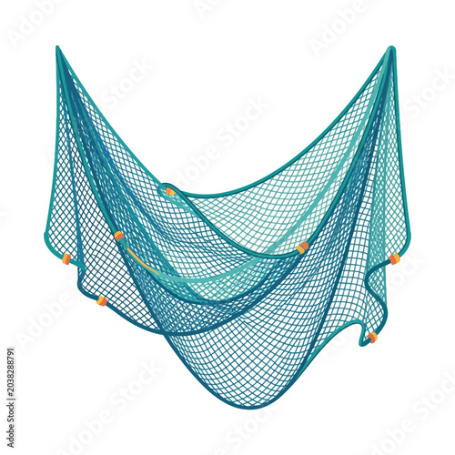 Blue fishing net with floats hanging isolated on white background. EPS Editable