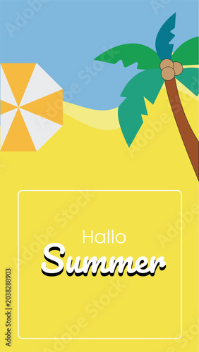 Vibrant summer beach scene with palm tree and umbrella