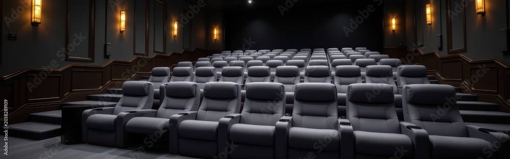 Obraz premium Empty luxury movie theater with black leather reclining seats and dim wall sconces lighting.