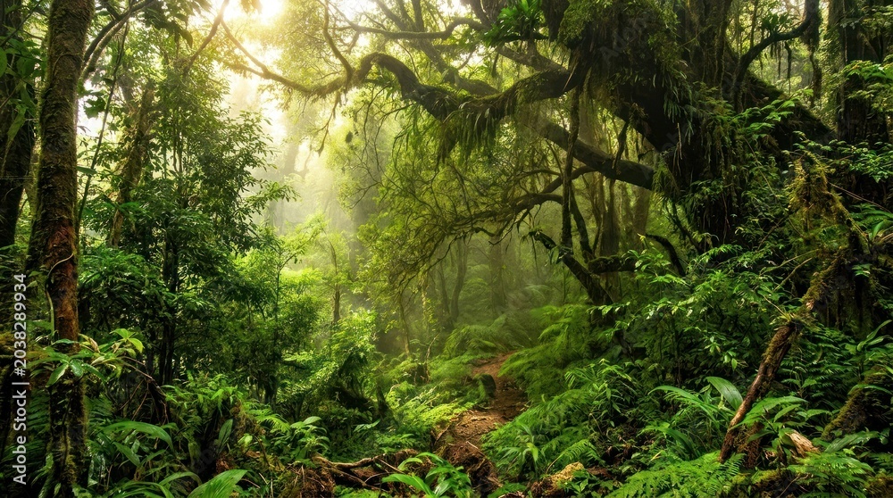 Fototapeta premium Lush green jungle with towering trees, dense foliage, and sunlight filtering through the canopy