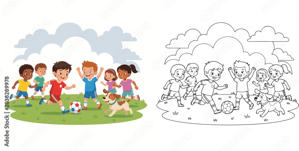 Naklejka premium children playing in a park and children playing with bubbles sport nature ball cartoon print illustration vector clipart and line art colouring book for kids drawn hand drawn.