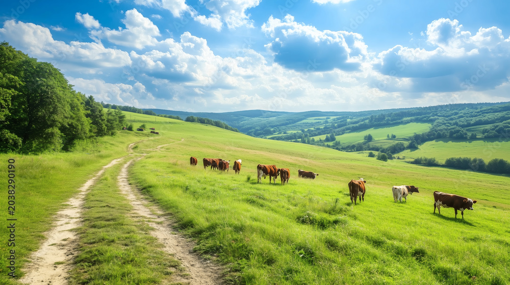 Naklejka premium Herd of cows grazing on green hills with dirt road and blue sky. Scenic alpine landscape with a herd of cows 