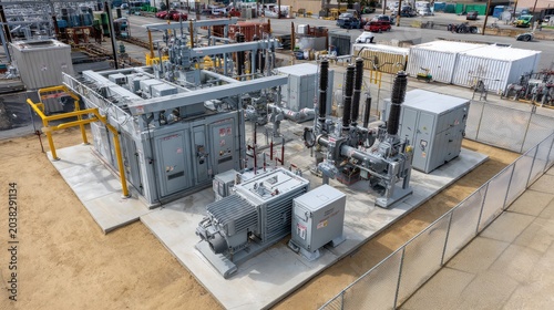 Aerial View of Modern Electrical Substation Equipment with Transformers and Switchgear Installed in an Industrial Area for Power Distribution
