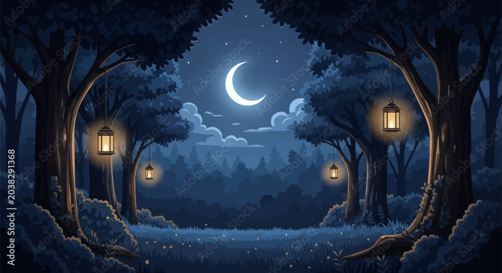 Obraz premium Vector illustration of a night forest clearing under a bright crescent moon and starry sky with clouds, featuring glowing lanterns hanging from trees and fireflies in the grass.