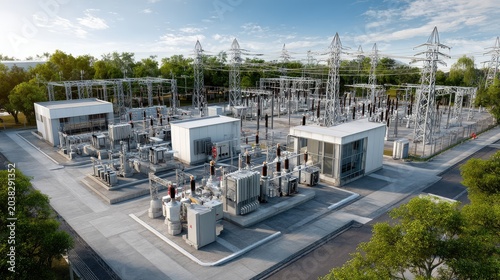 High-Voltage Electrical Substation with Power Lines, Transmission Towers, and Equipment Surrounded by Greenery Under Clear Blue Sky in Daytime Scenario