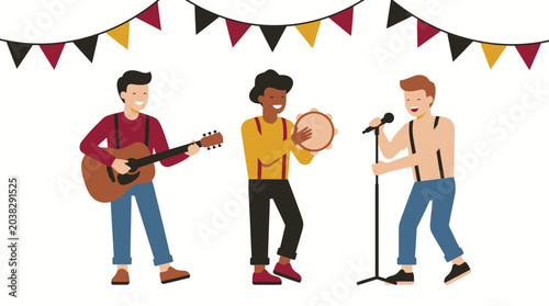 Canvastavla Group of three street musicians performing with guitar microphone and percussion under festive bunting