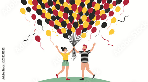 Tableau sur toile Two joyful people celebrate with an abundance of colorful balloons lifting into the sky, creating a festive outdoor moment