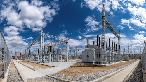 Vast Power Substation with High Voltage Equipment Under Bright Blue Sky Featuring Electric Transformers, Transmission Lines, and Modern Infrastructure in an Industrial Setting