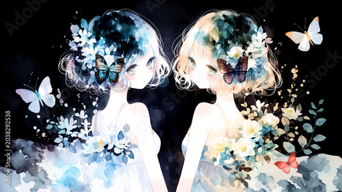相反する自我を受け入れる。女の子。イラスト。水彩画。かわいい。