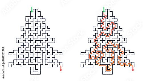 Christmas tree maze design with solution path illustration  