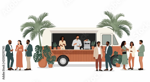 Diverse group of people enjoying food from a vibrant food truck.
