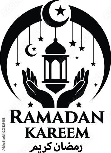 Ramadan Kareem Islamic lantern and crescent moon greeting design with praying hands silhouette illustration