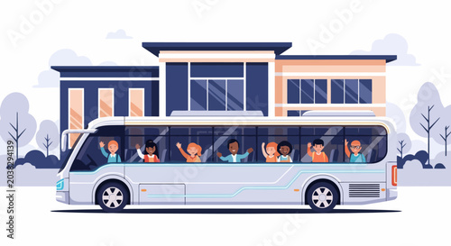 Happy diverse children waving from a school bus on a field trip.
