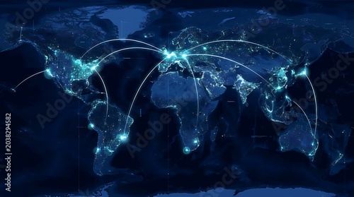 Global Network Connections Map with Glowing Lights