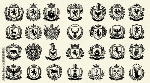 Cuadro en lienzo Set of 28 vintage heraldic crests and coats of arms featuring lions, eagles, dragons, and knights