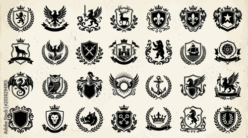 Canvas Print Collection of Vintage Medieval Heraldic Crests and Royal Coat of Arms Emblems Fe
