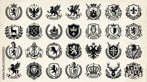 Obraz na plátně Large collection of vintage heraldic crests, shields, and emblems featuring lions, eagles, griffins, and crowns for luxury branding, security logos, and medieval historical design projects