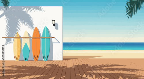 Surfboards lined up on a sunny beach next to a wall.