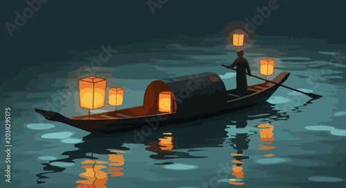 Traditional boat with glowing lanterns on calm water at night.