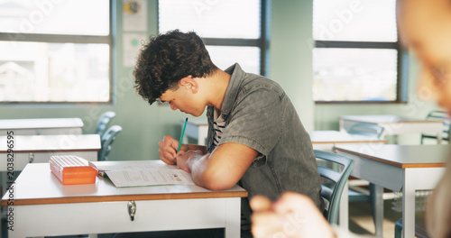 Картината върху платно Student, boy and writing in classroom with assessment, english test or high school education for growth