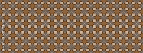 Foto Decorative seamless geometric pattern featuring symmetrical star and square mosaic motifs in brown, beige, and gray tones