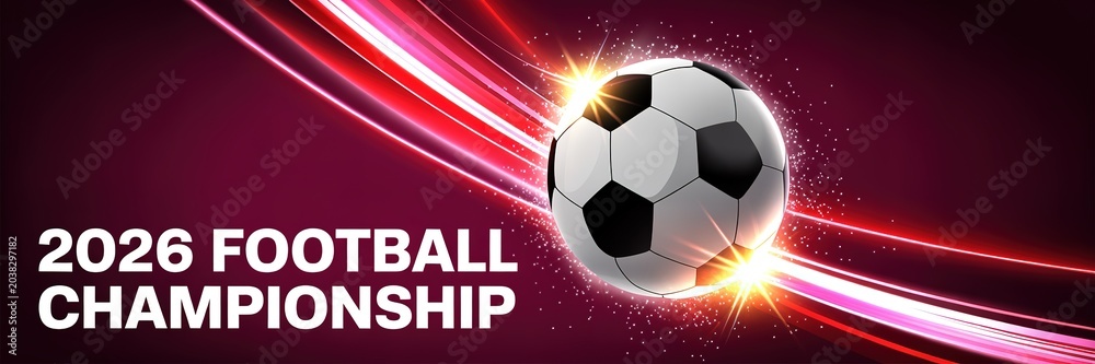 Naklejka premium Dynamic Neon Lit Soccer Stadium Backdrop Featuring World Cup Football Trophy Against Deep Navy and Electric Purple Gradient for Sports Event Promotions