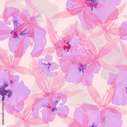 Watercolor inky flowers seamless floral pattern on pink background
