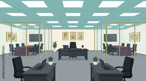 Bild auf Leinwand Modern cartoon office interior with glass meeting rooms and individual workspace