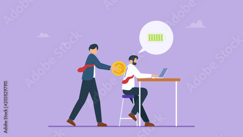 Earnings for increasing working concept. Businessman inserting coin into back of employee with high full level energy to work.