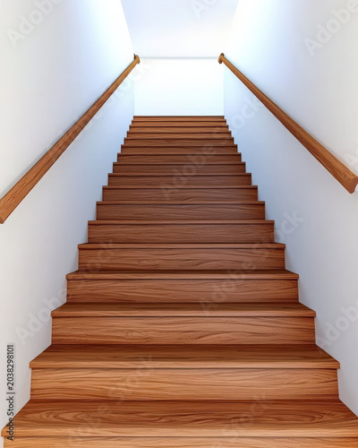 Stairway with wood step and handrail leading to bright upper floor, empty interior with copy space