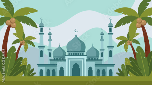 Fotografía Flat illustration of a grand mosque with minarets and tropical palm trees