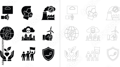 Environmental Activism and Sustainability Silhouette Icons Set Climate Awareness Eco Protection Vector Collection