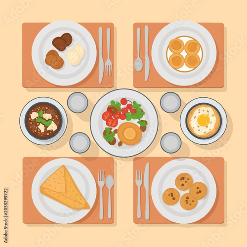 Flat lay vector illustration of a communal dining table with four place settings featuring fried eggs, fresh cherry tomatoes, folded crepes, cookies, and a bowl of bean stew.