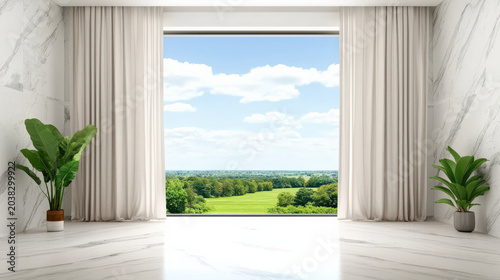 Modern interior with window and green landscape view, natural light, copy space