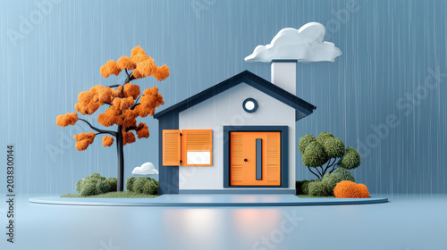 Small house orange window orange door blue roof tree cloud garden copy space