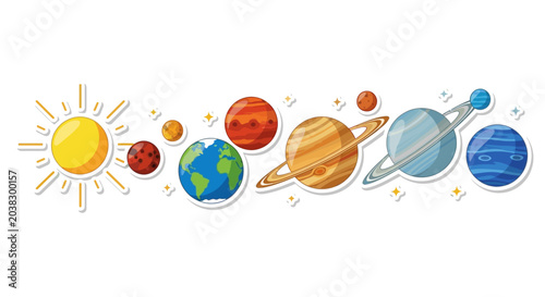 Colorful illustration of the solar system with planets and the sun on white background