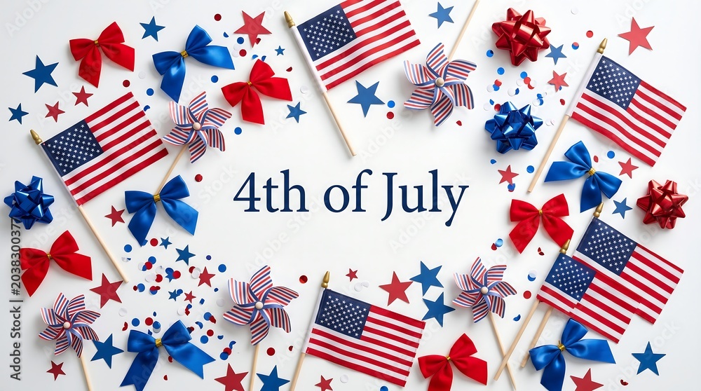 Obraz premium Flat lay 4th of July decorative background with American flags and bows