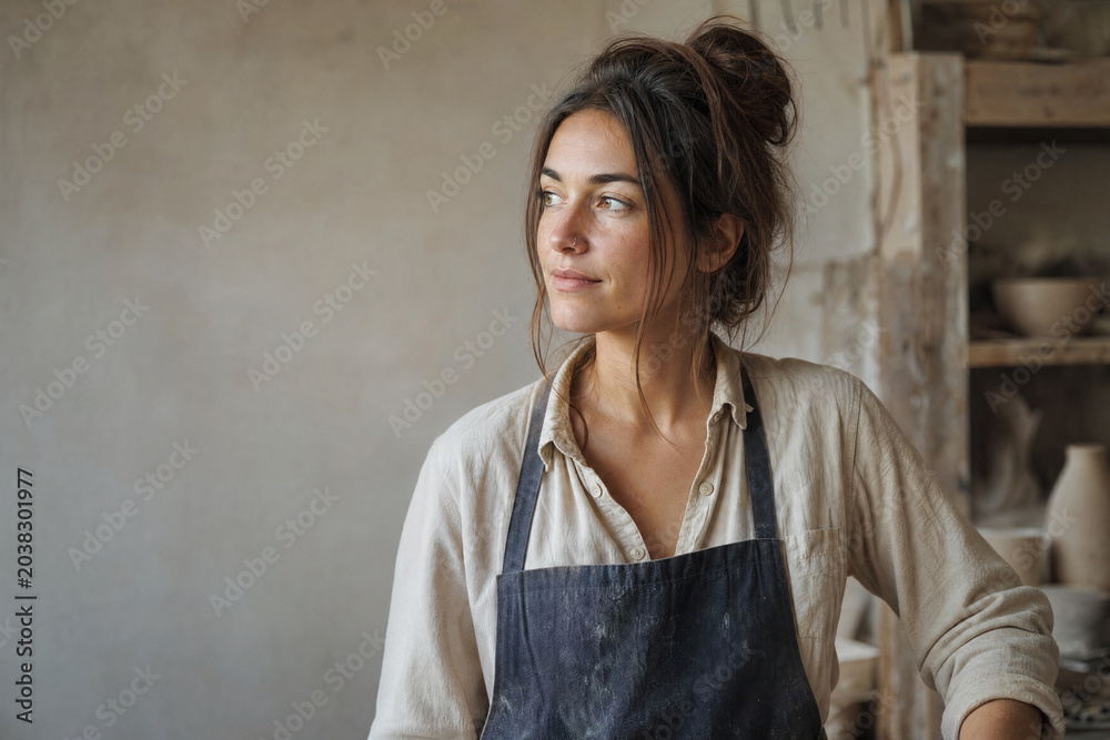 Fototapeta premium Woman artist in apron contemplating design in pottery studio