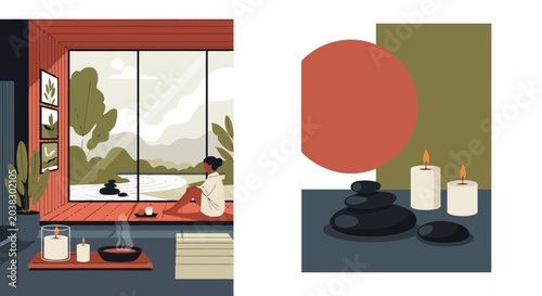 Woman relaxing by window with cat and spa elements, alongside a separate spa still life.