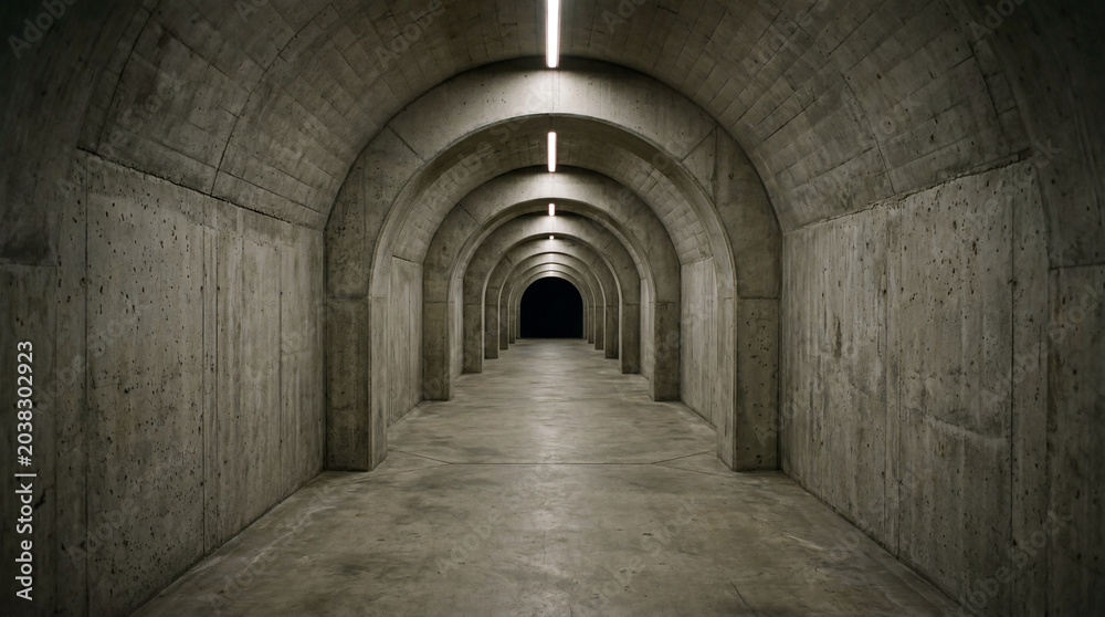 Obraz premium Minimalist Subterranean Concrete Tunnel Located Inside Military Base Displaying Repeating Clean Structural Geometric Arches Architecture