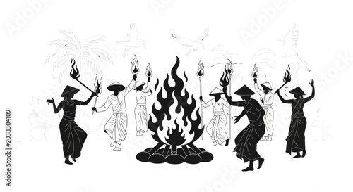 Slika na platnu People dancing around a burning fire.