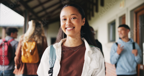 Fotografie Education, girl or happy in portrait at college for study opportunity, learning course and pride
