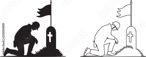 Photos Two soldiers kneeling at graves with flags