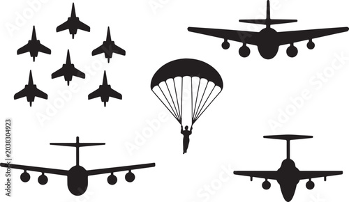 Fotografía Military aircraft and parachutist vector icons set
