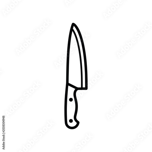 A black and white outline drawing of a single chef's knife with a black handle