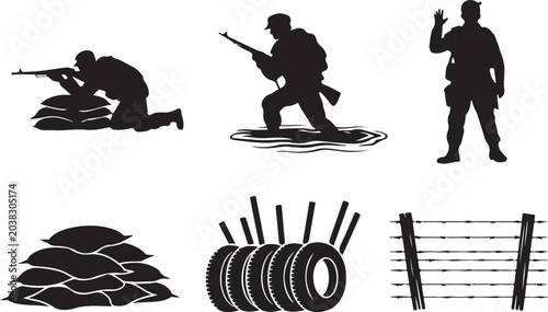Photos Military silhouettes and barrier icons set