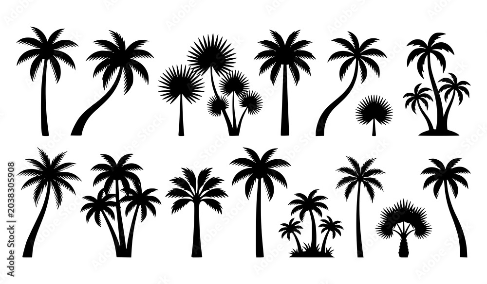 Naklejka premium Tropical Palm Tree Silhouette Collection Vector Illustration for Summer and Beach Design