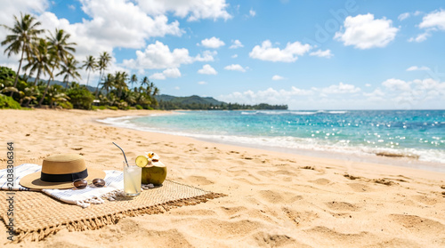 Straw Hat and Coconut Drink on Woven Mat at Tropical Sandy Beach with Palm Trees and Blue Ocean Background